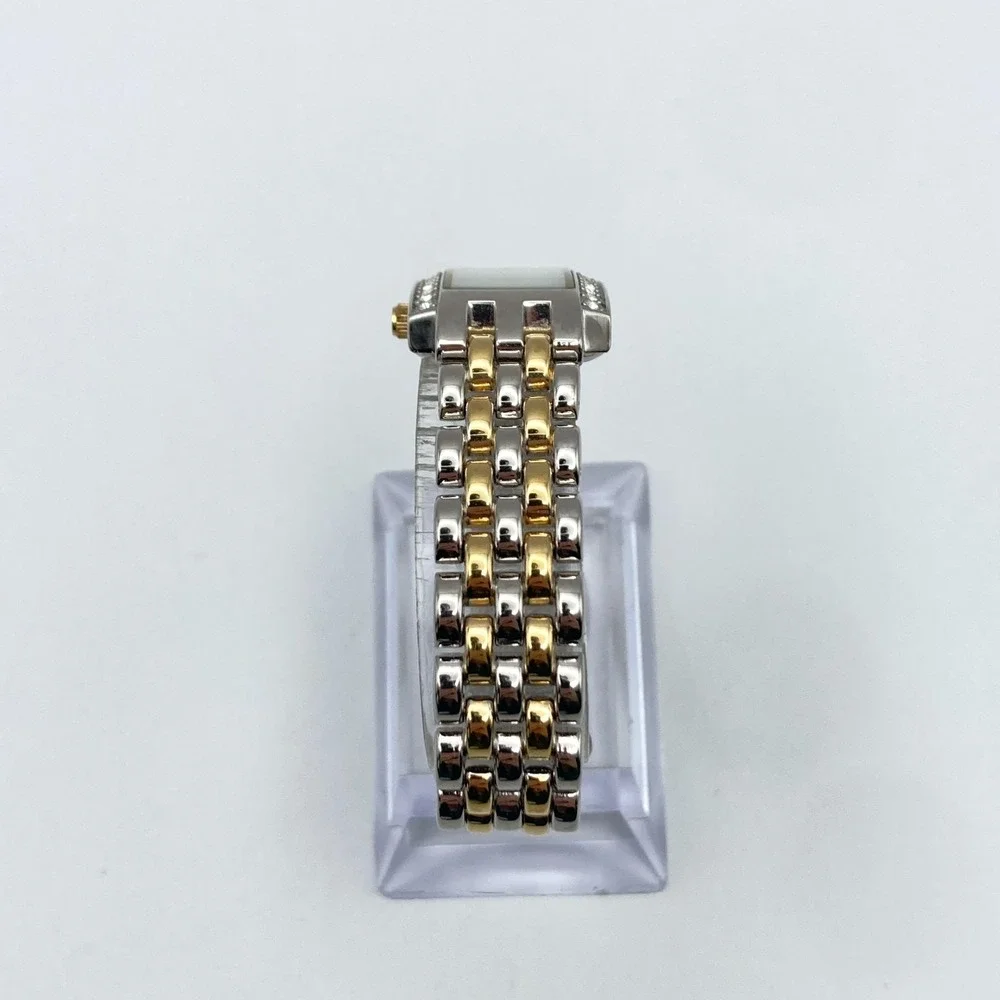 Womens Tank Watch Gold Silver Two Tone 19mm Crystals Bling New Battery 6.5
